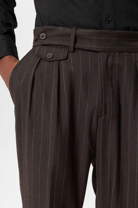 Brown High Waist Pleated Striped Men's Trousers