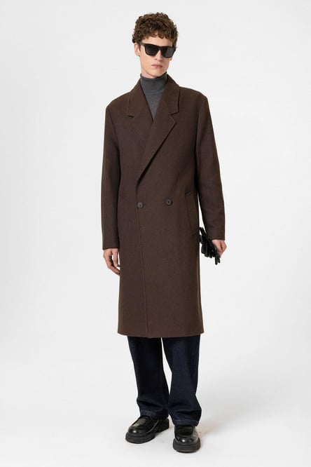 Brown Wool Blend Herringbone Double Breasted Men's Coat