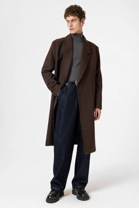 Brown Wool Blend Herringbone Double Breasted Men's Coat