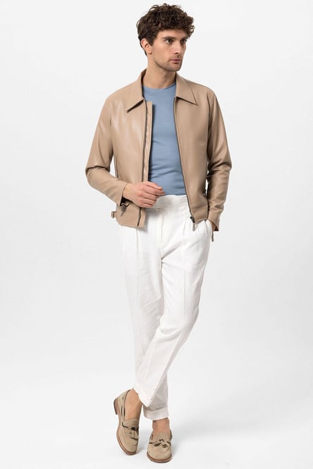 Beige Sleeve Zippered Faux Leather Men's Jacket