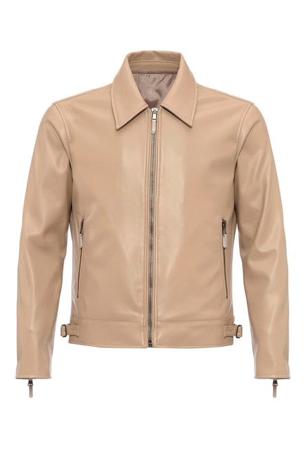 Beige Sleeve Zippered Faux Leather Men's Jacket