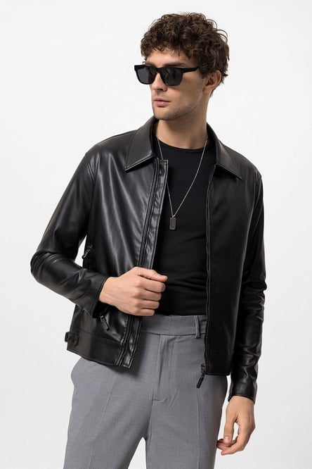 Black Sleeve Zippered Faux Leather Men's Jacket