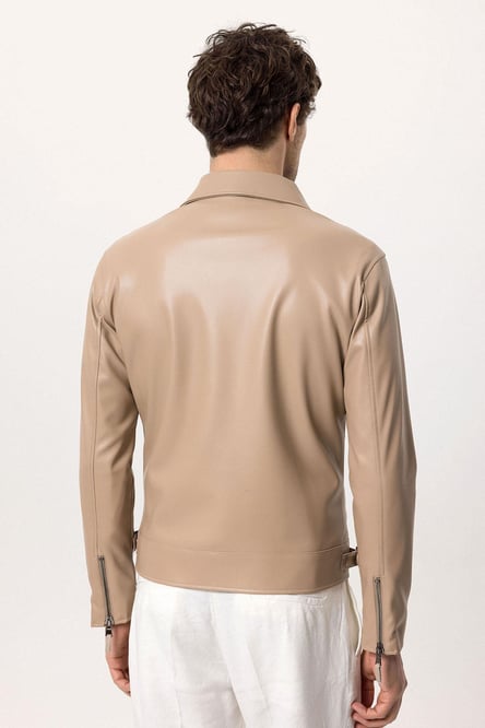 Beige Sleeve Zippered Faux Leather Men's Jacket