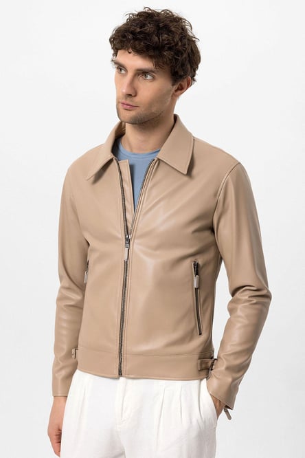 Beige Sleeve Zippered Faux Leather Men's Jacket