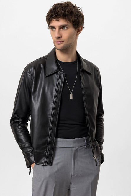 Black Sleeve Zippered Faux Leather Men's Jacket