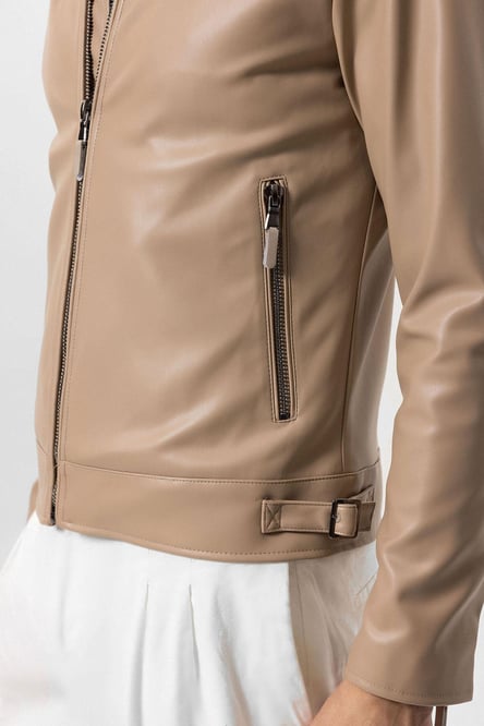 Beige Sleeve Zippered Faux Leather Men's Jacket