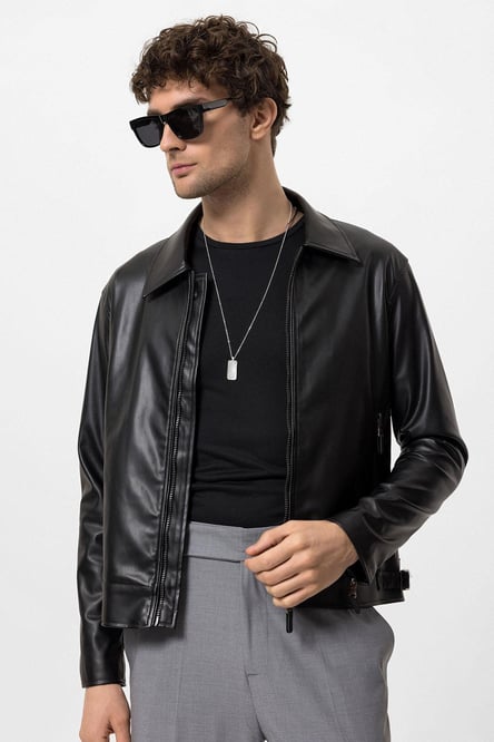 Black Sleeve Zippered Faux Leather Men's Jacket