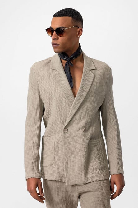 Beige Double Breasted Unlined Men's Blazer Jacket