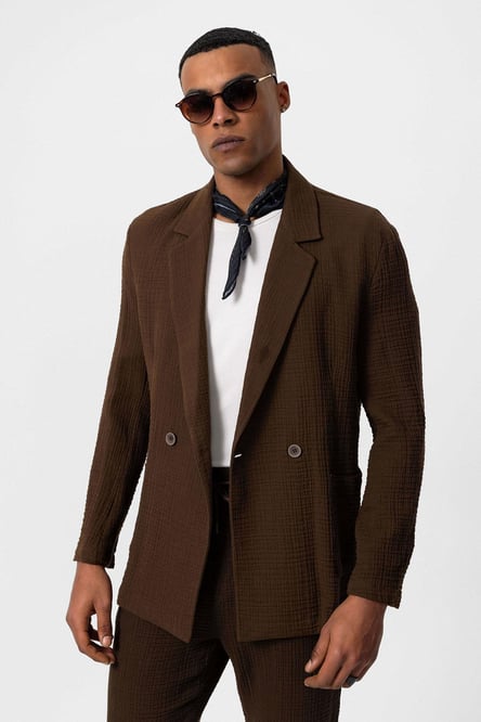 Brown Double Breasted Closure Unlined Men's Blazer Jacket