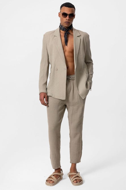 Beige Double Breasted Unlined Men's Blazer Jacket