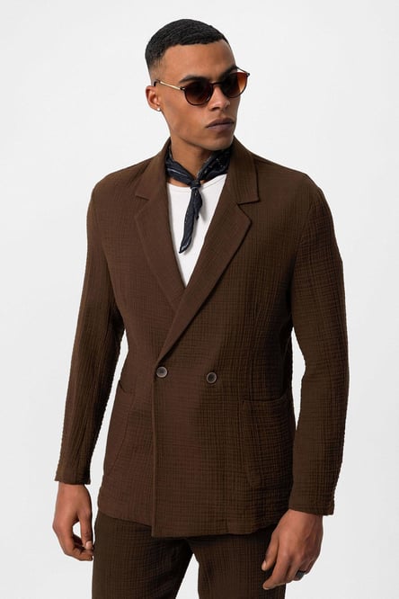 Brown Double Breasted Closure Unlined Men's Blazer Jacket