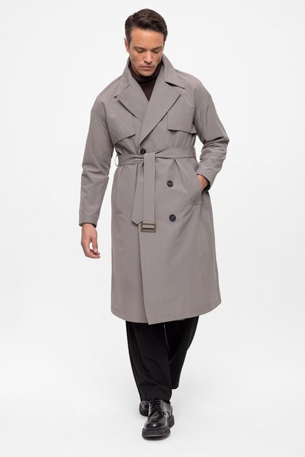 Gray Double Breasted Closure Belted Trench Coat