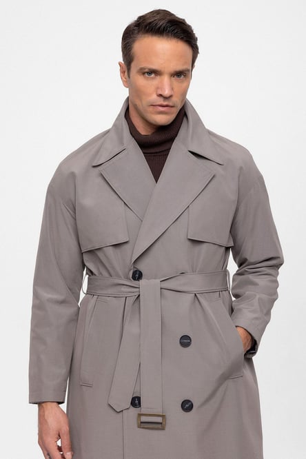 Gray Double Breasted Closure Belted Trench Coat