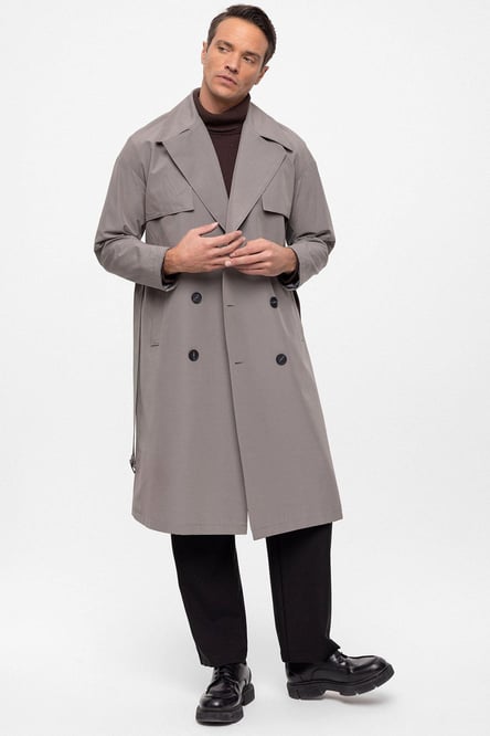 Gray Double Breasted Closure Belted Trench Coat