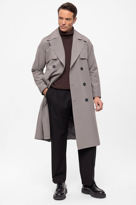 Gray Double Breasted Closure Belted Trench Coat