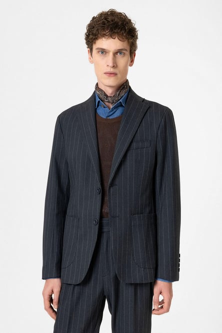 Navy Blue Slim Fit Striped Men's Blazer Jacket