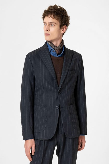 Navy Blue Slim Fit Striped Men's Blazer Jacket