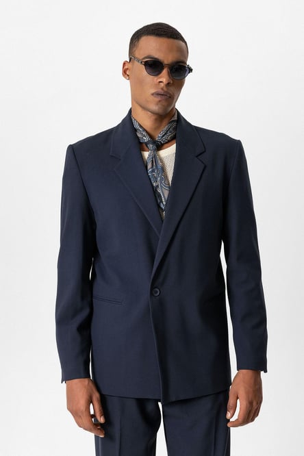 Navy Blue Single Button Relaxed Men's Blazer Jacket