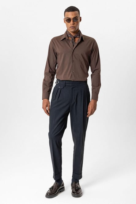 Navy Blue Buckle Detailed High Waist Men's Trousers