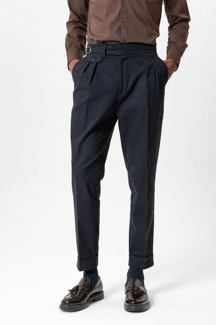 Navy Blue Buckle Detailed High Waist Men's Trousers