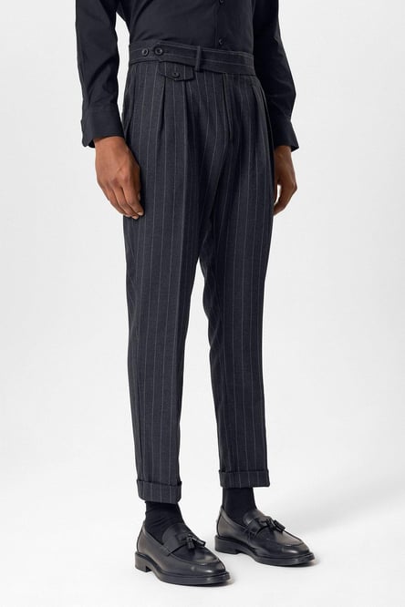 Navy Blue High Waist Pleated Striped Men's Trousers