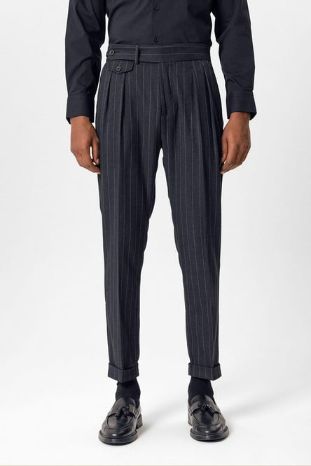 Navy Blue High Waist Pleated Striped Men's Trousers