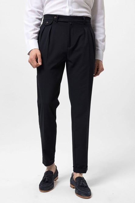 Navy Blue Pleated High Waist Men's Trousers