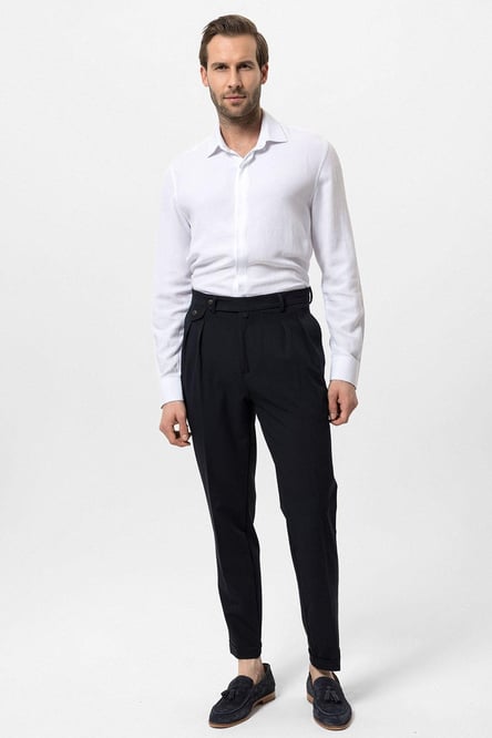 Navy Blue Pleated High Waist Men's Trousers