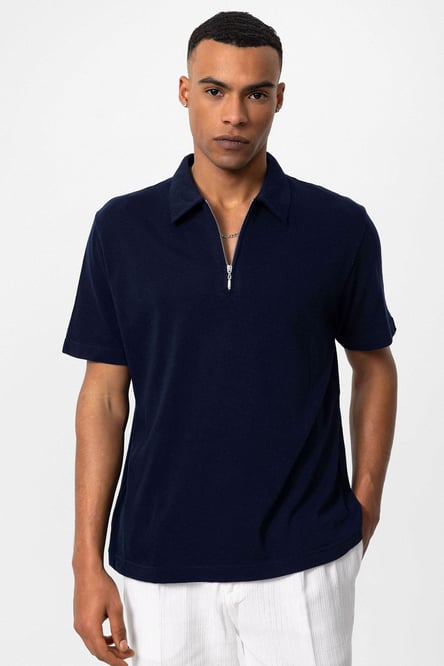 Antioch Navy Blue Polo Neck Zippered Men's T-Shirt