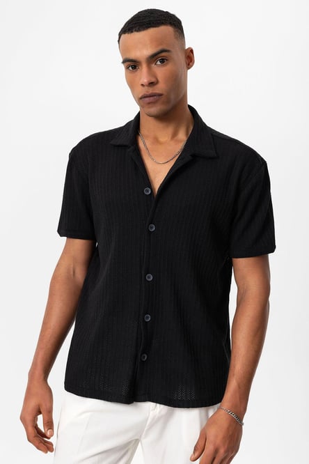 Antioch Black Polo Neck Knitted Short Sleeve Men's Shirt