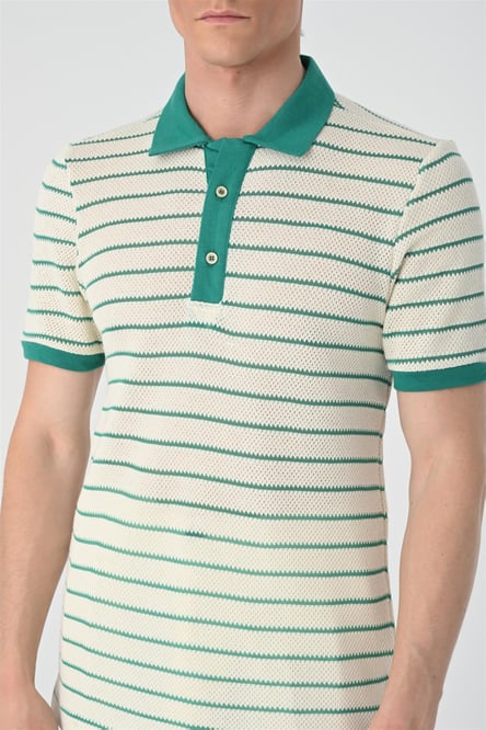 Antioch Green Polo Neck Slim Fit Striped Men's T-Shirt