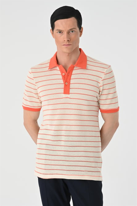 Antioch Salmon Polo Neck Slim Fit Striped Men's T-Shirt