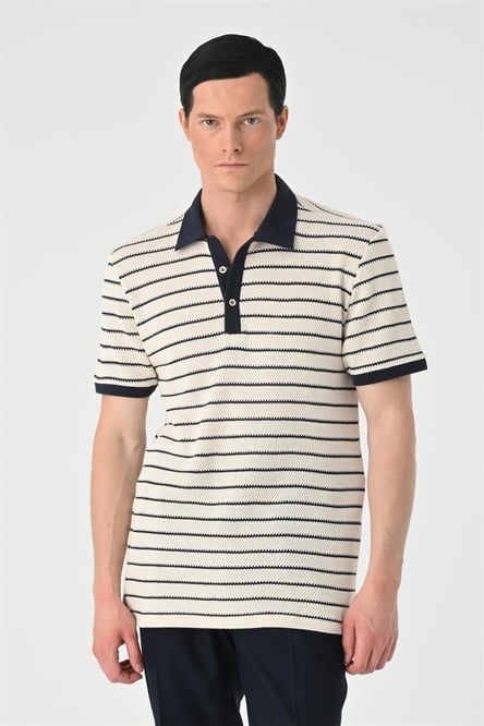 Antioch Navy Blue Polo Neck Slim Fit Striped Men's T-Shirt