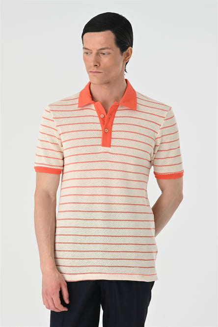 Antioch Salmon Polo Neck Slim Fit Striped Men's T-Shirt