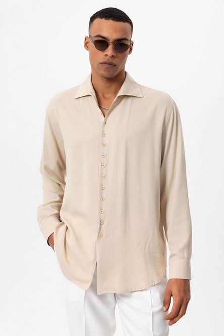 Antioch Beige Regular Fit Open Collar Men's Shirt