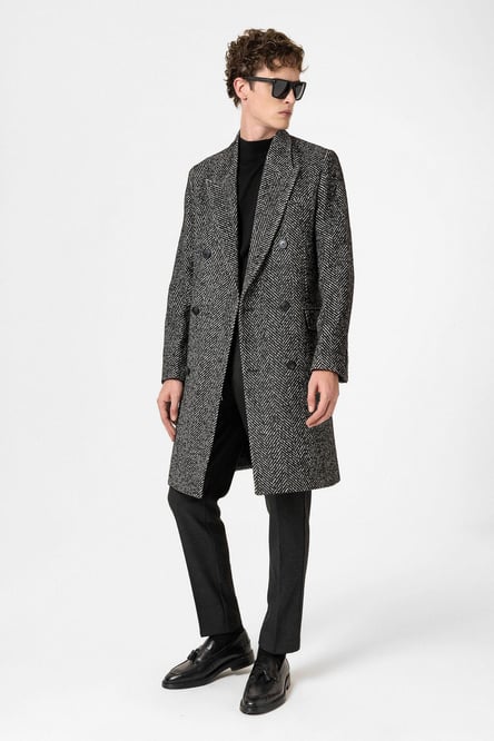 Black Herringbone Patterned Men's Coat