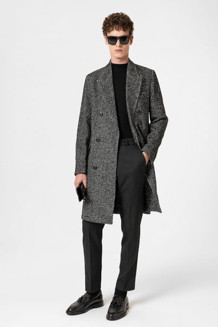 Black Herringbone Patterned Men's Coat