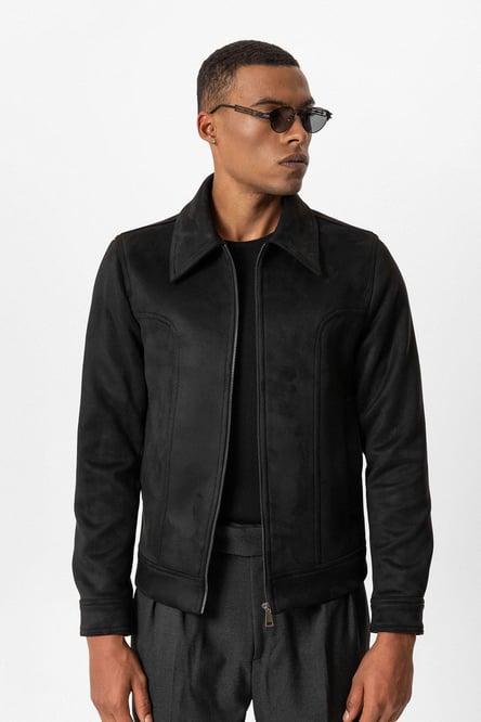 Black Crop Fit Suede Men's Coat