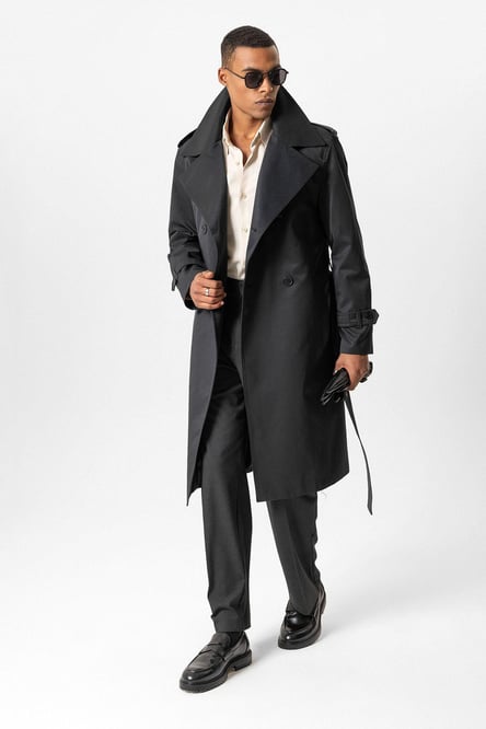 Black Double Breasted Long Men's Trench Coat