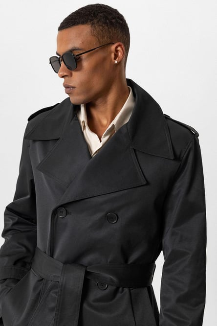 Black Double Breasted Long Men's Trench Coat