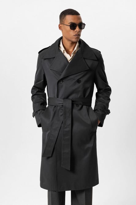 Black Double Breasted Long Men's Trench Coat