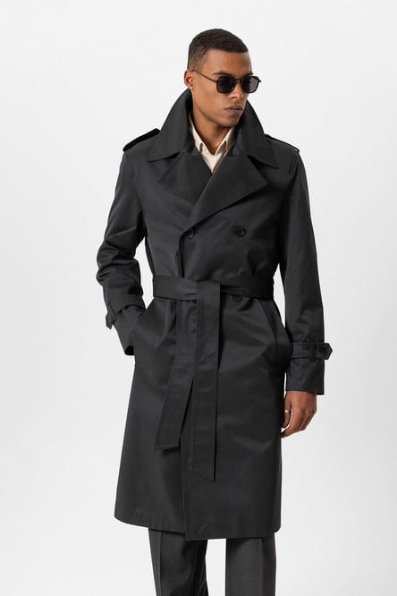 Black Double Breasted Long Men's Trench Coat