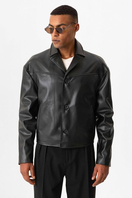 Black Faux Leather Crop Fit Men's Coat