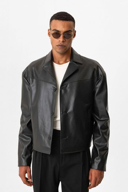 Black Faux Leather Crop Fit Men's Coat