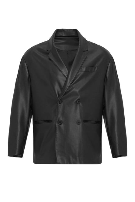 Black Faux Leather Double Breasted Men's Jacket