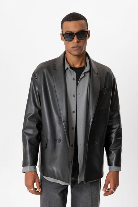 Black Faux Leather Double Breasted Men's Jacket