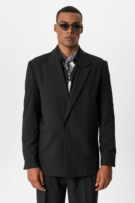 Black Single Button Relaxed Men's Blazer Jacket