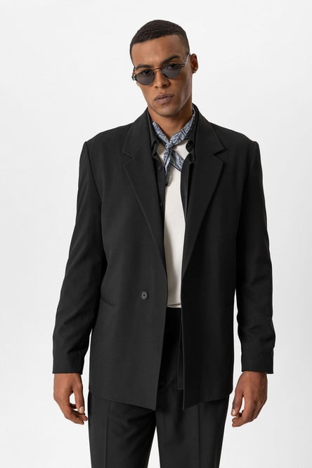 Black Single Button Relaxed Men's Blazer Jacket