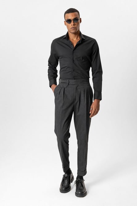 Black Buckle Detailed High Waist Men's Trousers