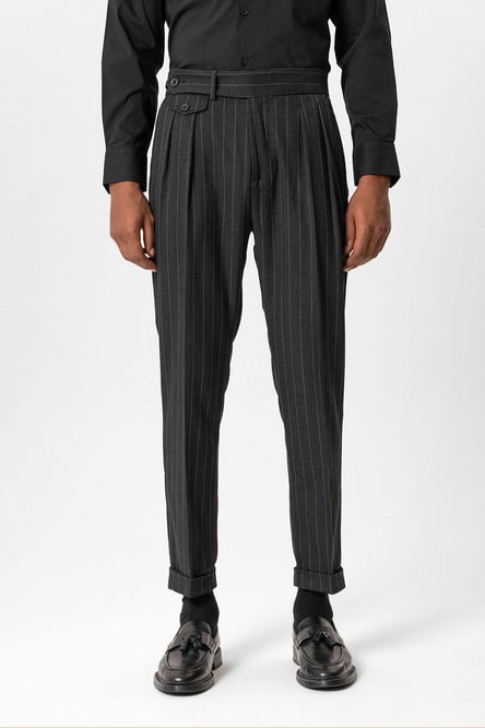 Black High Waist Pleated Striped Men's Trouse